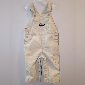 🛳️ Gymboree Khaki Twill Overalls W/ Boat & "Chugging Along" Embroidery 12-18